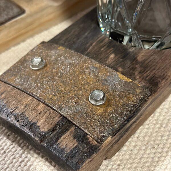 Farmhouse Fields Home bourbon barrel coaster.