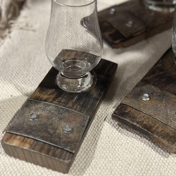 Farmhouse Fields Home bourbon barrel coaster.